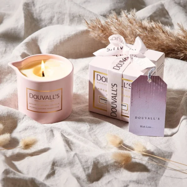 organic argan skincare candle, orange & frankincense 180g | intensely nourishing body treatment