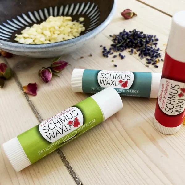 organic lip care "schmus waxl" handmade 100% natural with calendula, lemon balm, sea buckthorn pulp oil nourishing